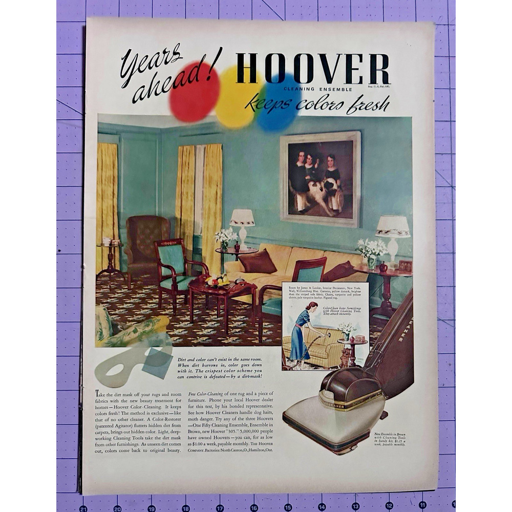 1939 Hoover Vacuum Cleaner Cleaning Ensemble Keeps Colors Fresh Vintage Print Ad